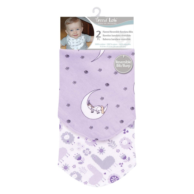 Trend Lab Llamas and Unicorns 2 Pack Reversible Flannel Bandana Bib Set-Unicorn/Dot, Llama/Plaid Prints, Purple, Gray, 100% Cotton Flannel, Snap Closure, 11.5 in x 11.5 in Each - Image 3
